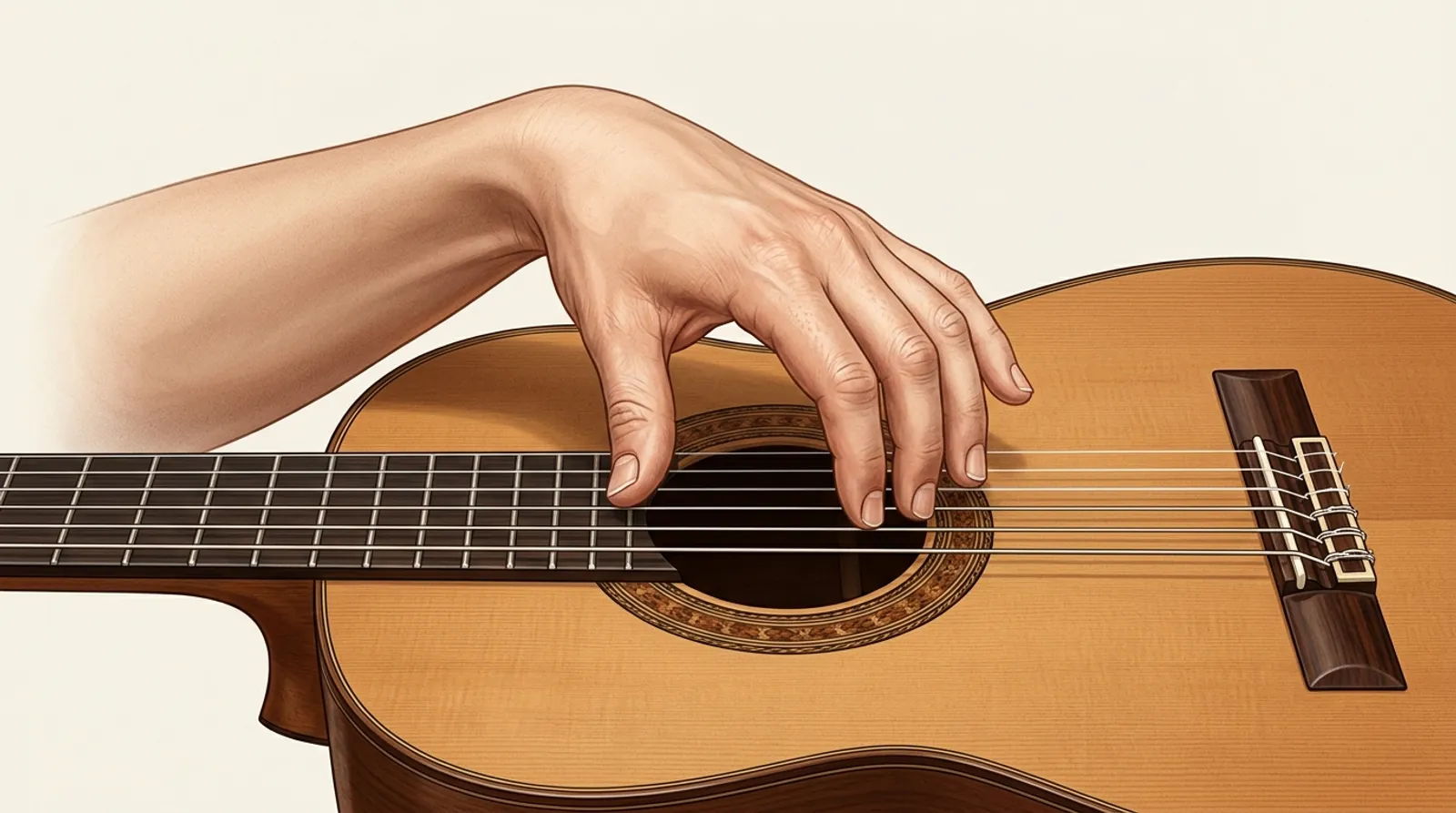 Mano derecha de guitarra en posición clásica sobre la boca con la técnica P-i-m-a