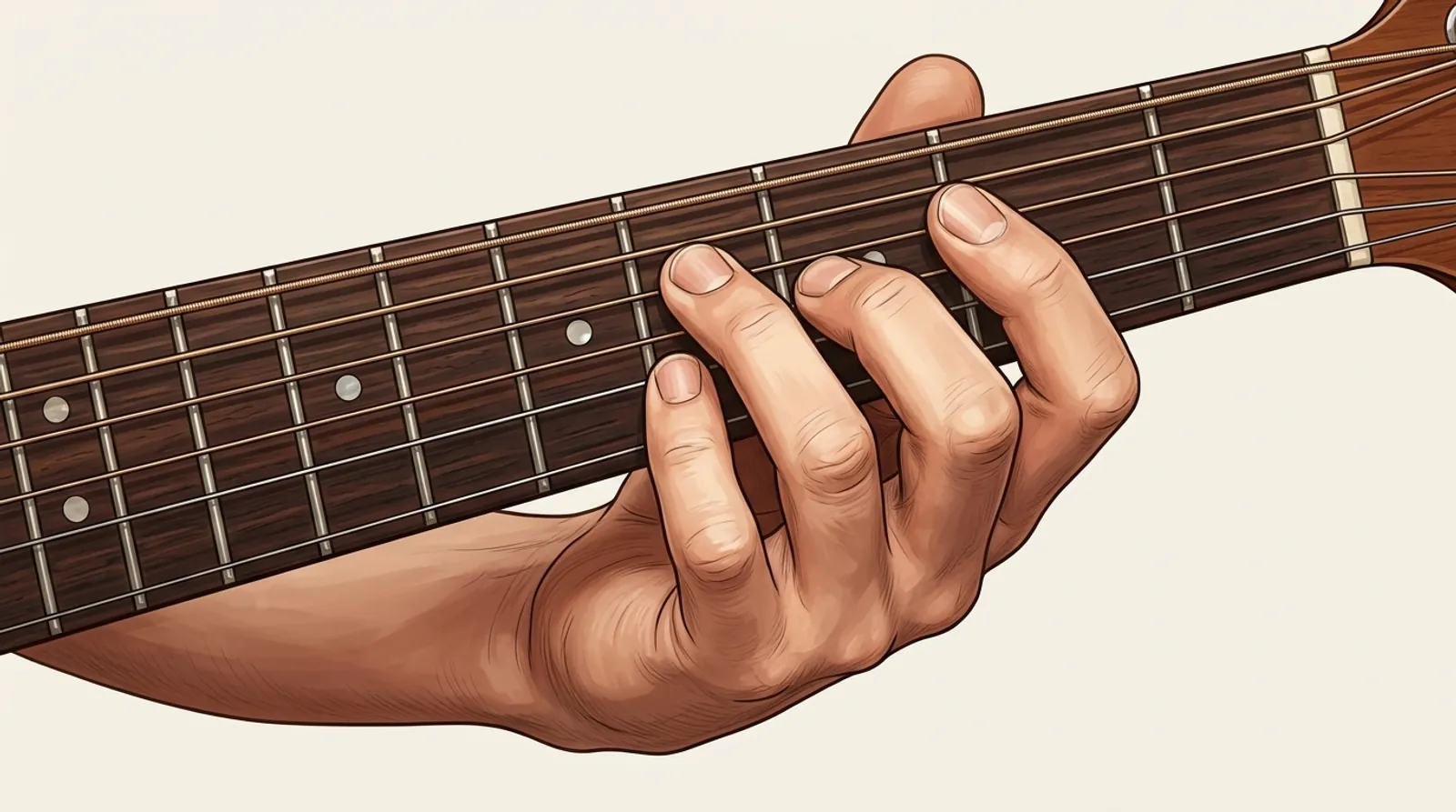 Nomenclatura de la mano izquierda en guitarra con los dedos 1 a 4 arqueados en el mástil