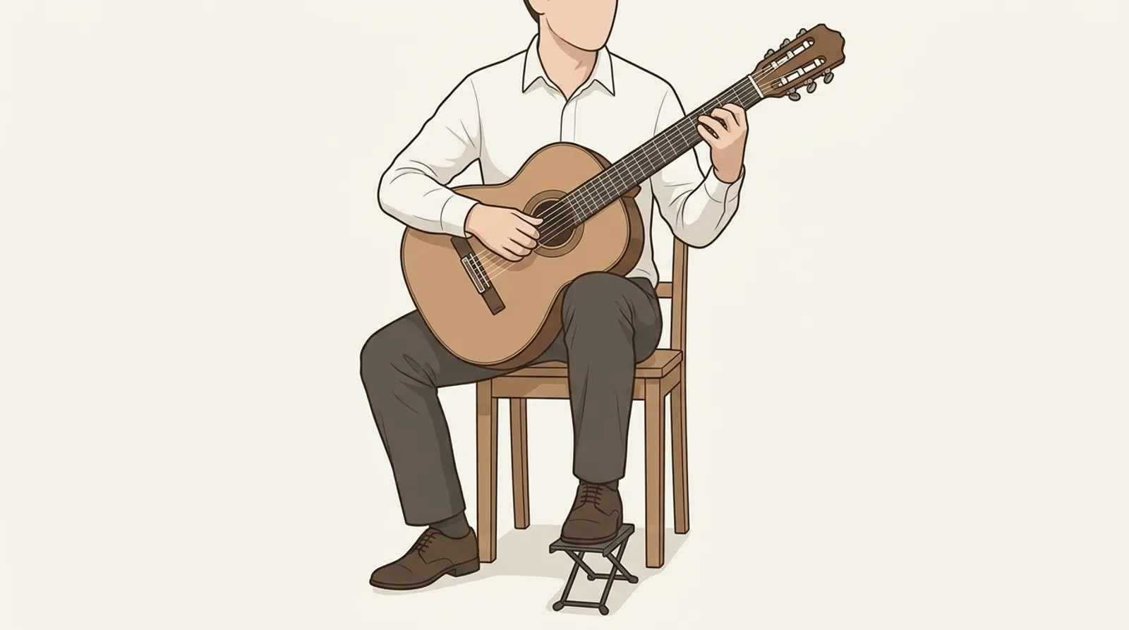 Guitarrista sentado en postura clásica con el pie izquierdo en el banquito y mástil a 45 grados