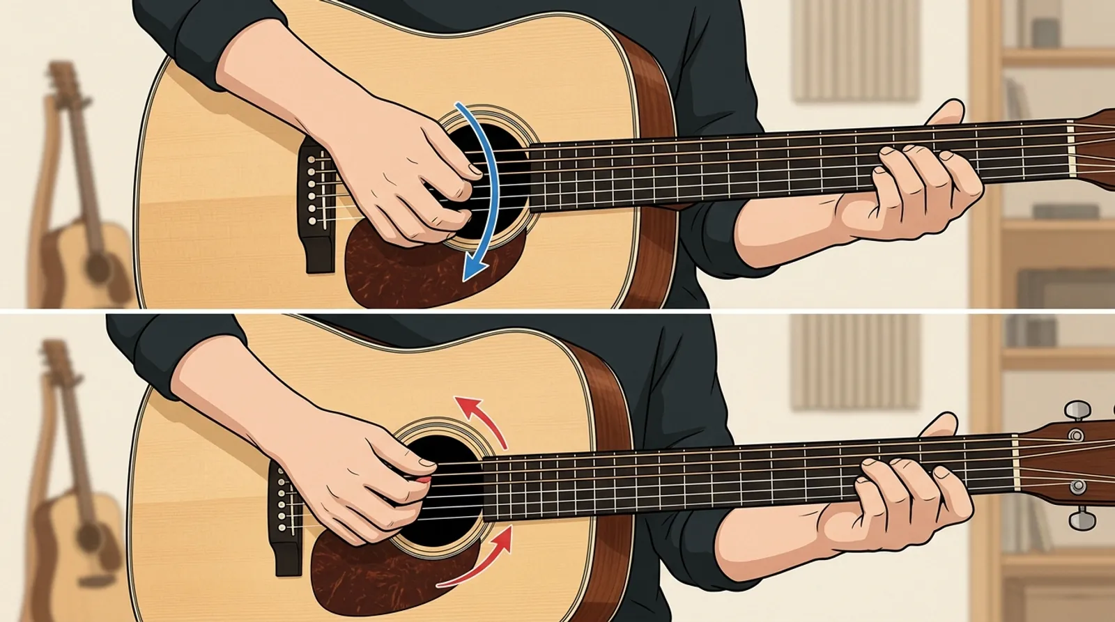 Mano derecha de guitarra ejecutando la técnica de rasgueo descendente y ascendente