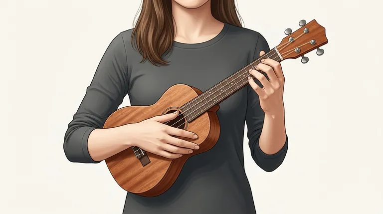 Una persona sostiene un ukelele de madera contra el pecho